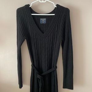 Abercrombie black fitted sweater dress with leg slit and waist tie
